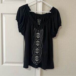 Faded Glory Y2K Black Embroidered Boho Blouse Size XL